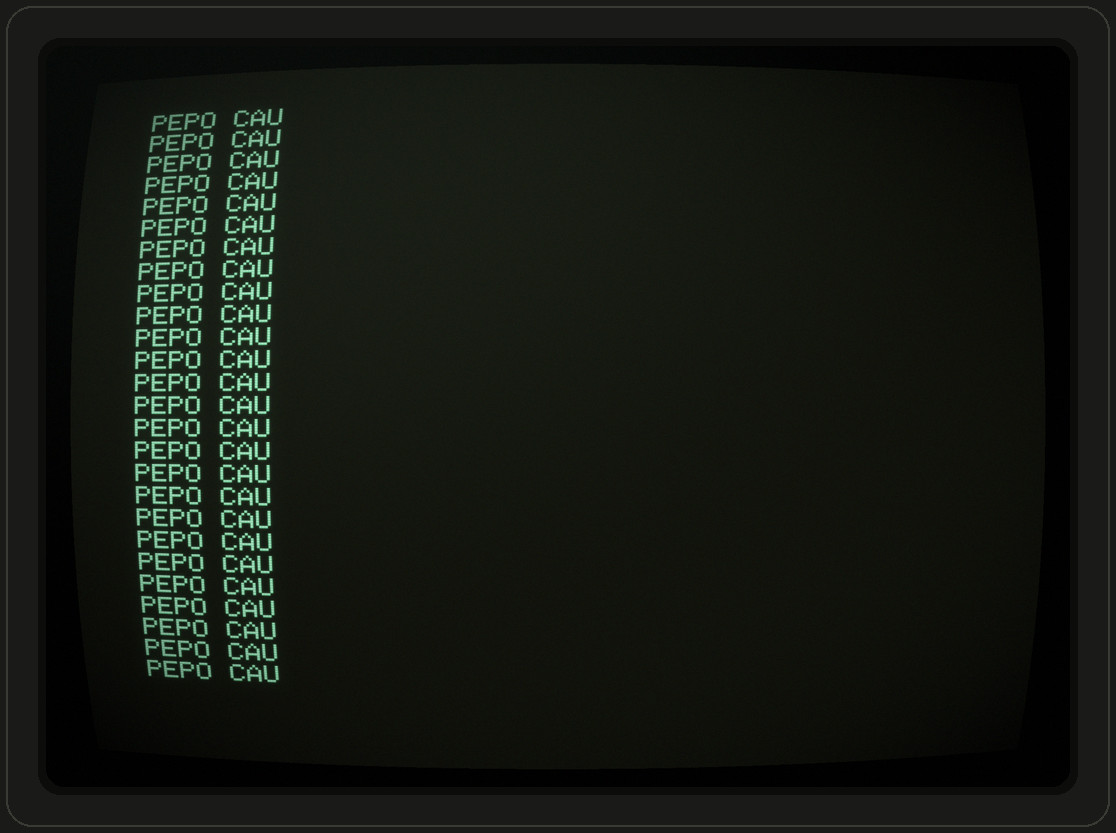 The fixed program running on a PMD 85: PEPO CAU printed on every row down the green screen